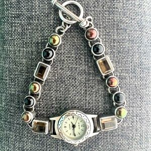 Vintage Peyote Bird Smoky Quartz Navajo Pearl Black Onyx & Silver Watch Bracelet